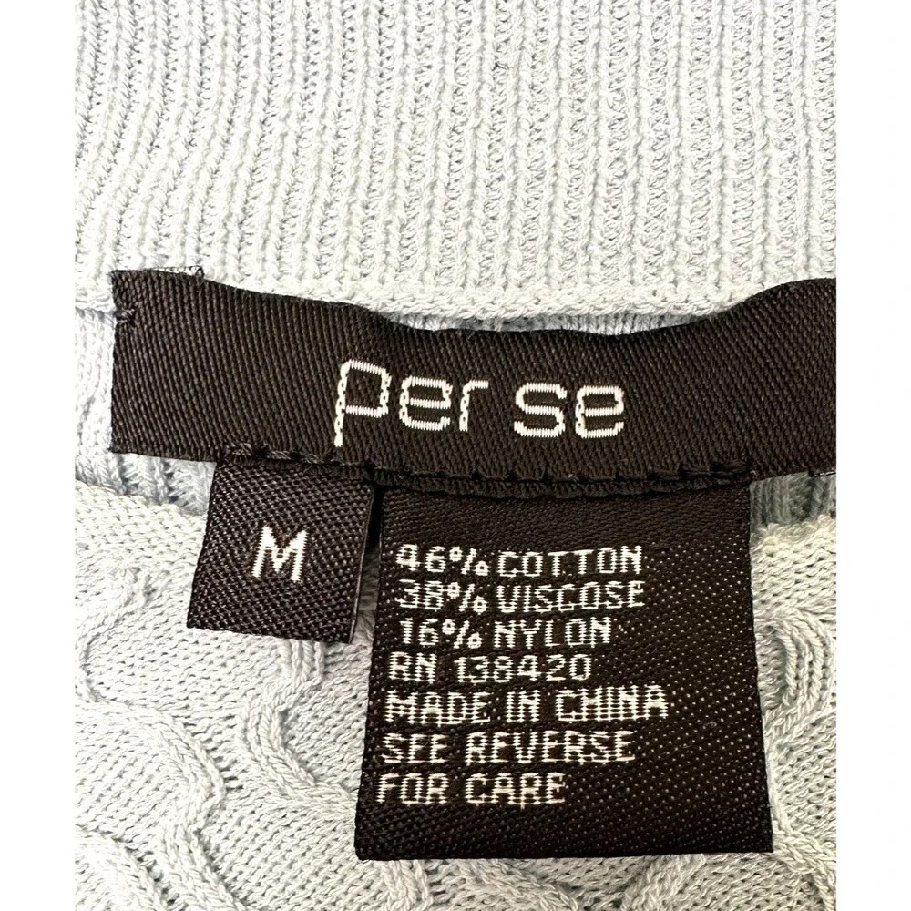 Per Se Women Light Blue Cotton Blend Textured Knit Short Sleeve Sweater Top Sz M